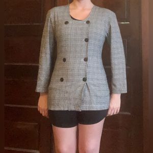 Double Lapel Black and White Plaid Coat